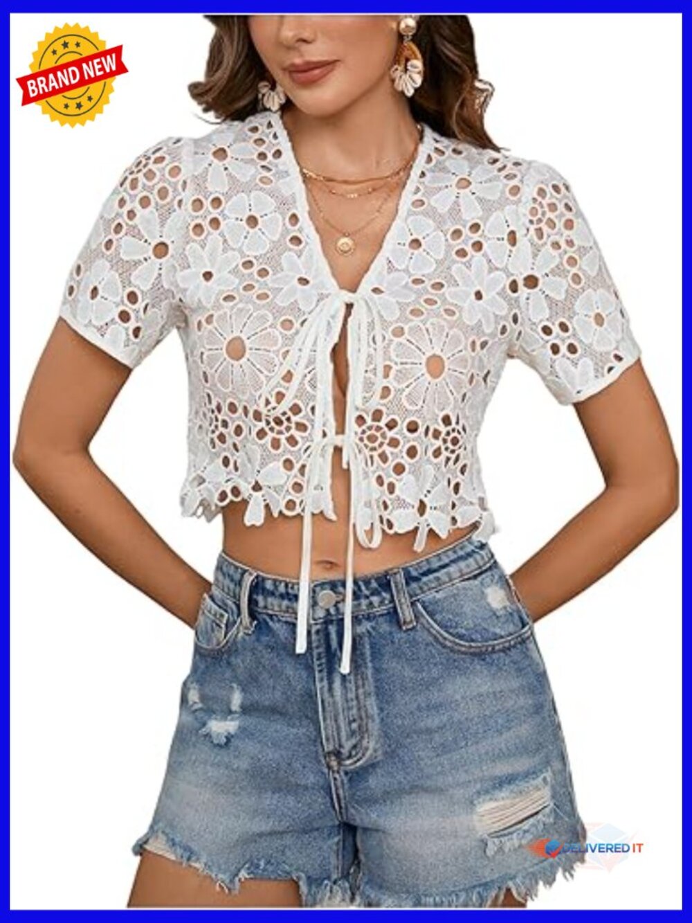 Boho Floral Lace V Neck Blouse Tie Front Short Sleeve Crop Top